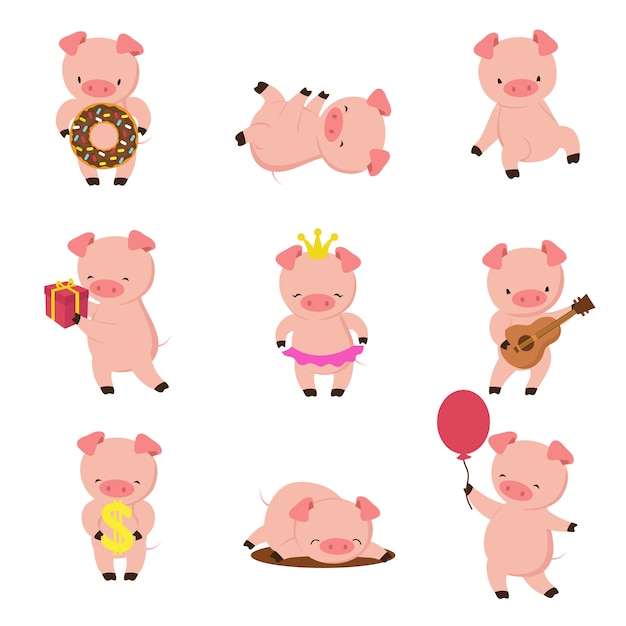 Cerdos Kawaii Bebé gracioso cerdo en barro, piggy comiendo y corriendo. Personaje de dibujos animados de cerdos