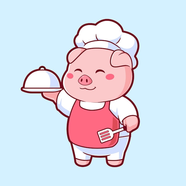 Los cerdos lindos cocinando el chef de cerdos diseño plano ilustración vectorial de dibujos animados