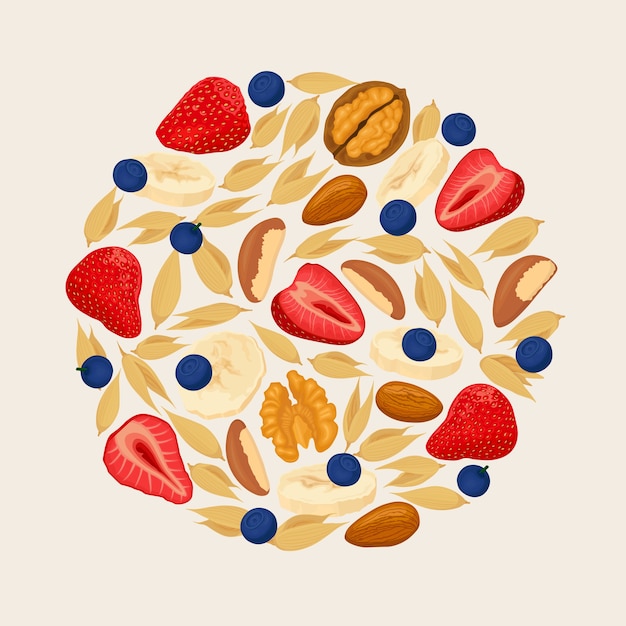Cereales de fresa, arándano, nuez y almendra sobre fondo claro. Montón de bayas, plátanos y nueces. ilustración