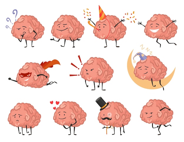 Cerebro carácter emoción Inteligencia emoji deslizamiento amoroso o sonriente ilustración Lindo héroe cerebro emoji aislado sobre fondo blanco Divertidos emoticonos de dibujos animados