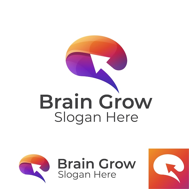 El cerebro de color moderno crece con el logotipo de la flecha, mejora el cerebro, el diseño del logotipo de personas inteligentes