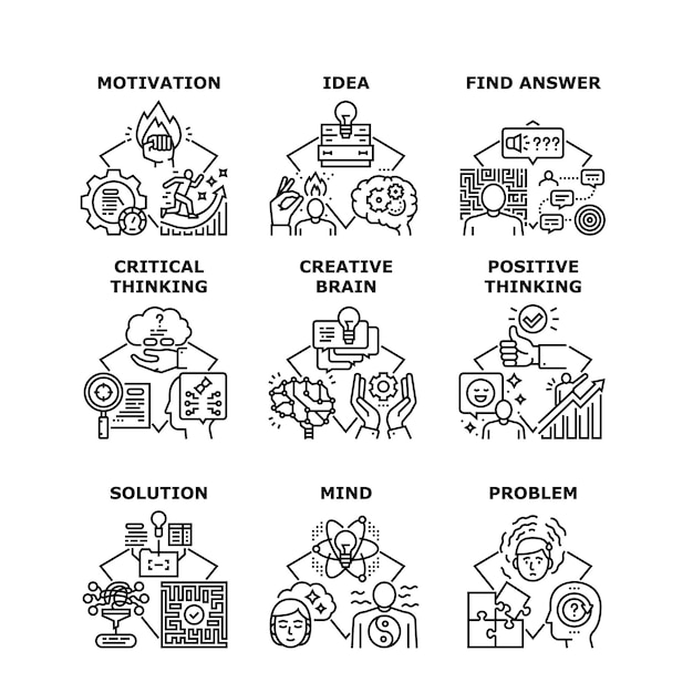 Cerebro creativo establecer iconos ilustraciones vectoriales