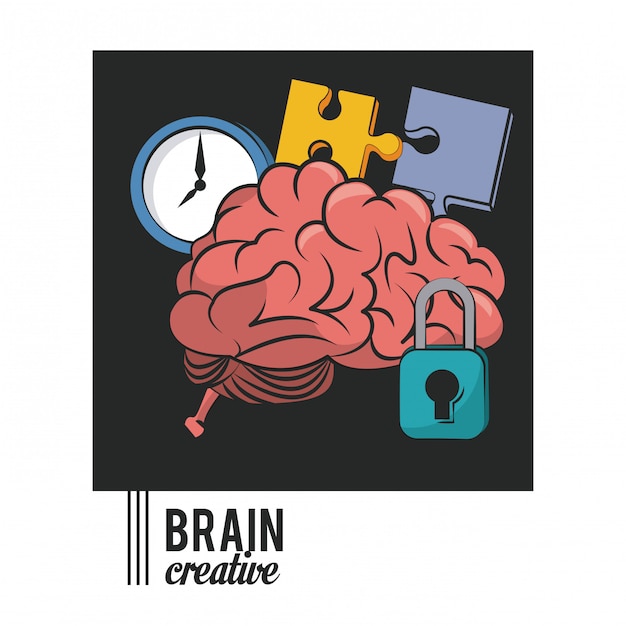Cerebro creativo con piezas de rompecabezas y candado