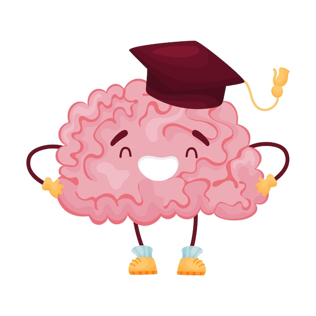 Cerebro de dibujos animados con una gorra de un científico sostiene sus manos en su cinturón Ilustración vectorial sobre fondo blanco