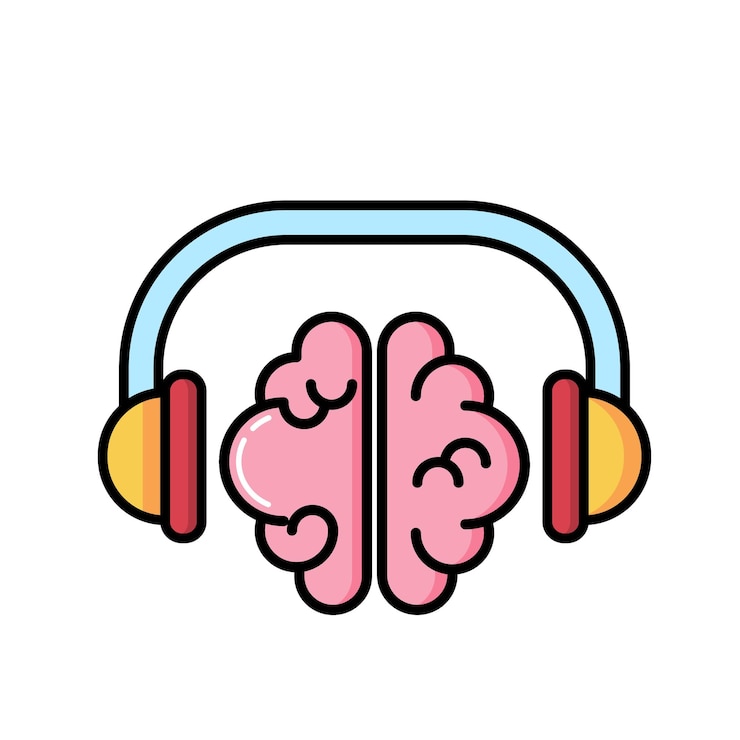 Vector el cerebro escucha estudiando usando auriculares icono de aprendizaje icono de símbolo de contorno trazo vectorial editable