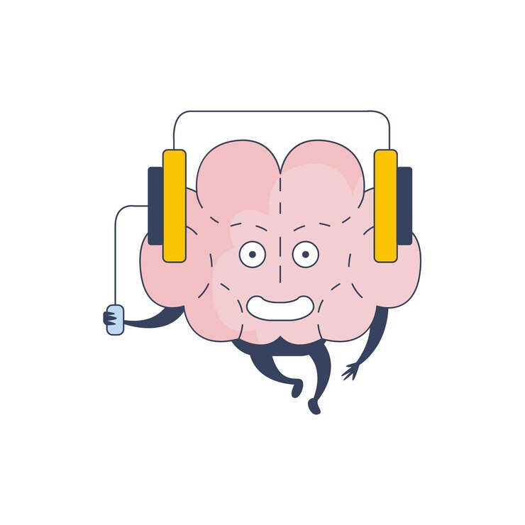 Vector cerebro escuchando música personaje cómico que representa el intelecto y las actividades intelectuales de la mente humana dibujos animados ilustración vectorial plana