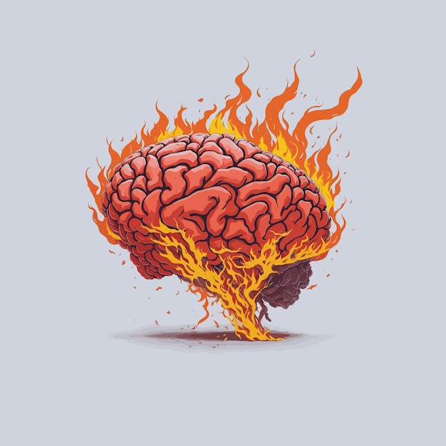 Vector cerebro en el fuego estilo animado fondo blanco