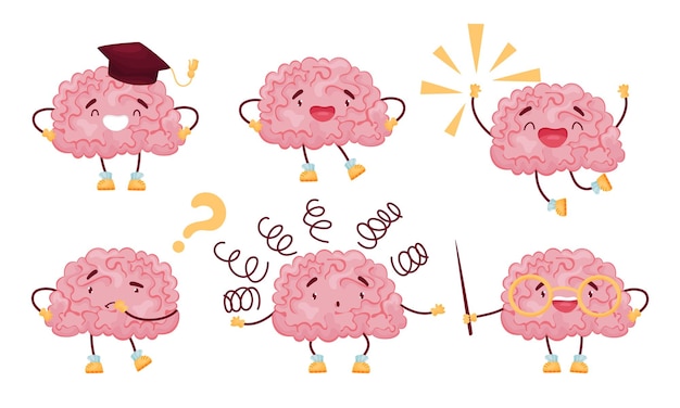 El cerebro gracioso salta con alegría y el conjunto de vectores de pensamiento