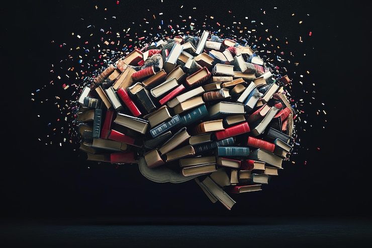 Vector un cerebro hecho de libros que simbolizan el conocimiento y la sabiduría traídos por la lectura en fondo negro 3d renderización 2k de alta resolución blanco fondo ar 32 v 61 id de trabajo 18d7baa273294acf993f3d367f08468f