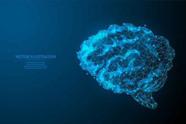 Cerebro humano de cerca. Anatomía del órgano. Computadora infrarroja, neuronas, inteligencia artificial, idea creativa. Medicina y tecnología innovadoras. Ilustración de estructura metálica de baja poli 3d.