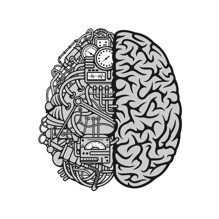 Vector cerebro humano combinado con el icono del motor informático