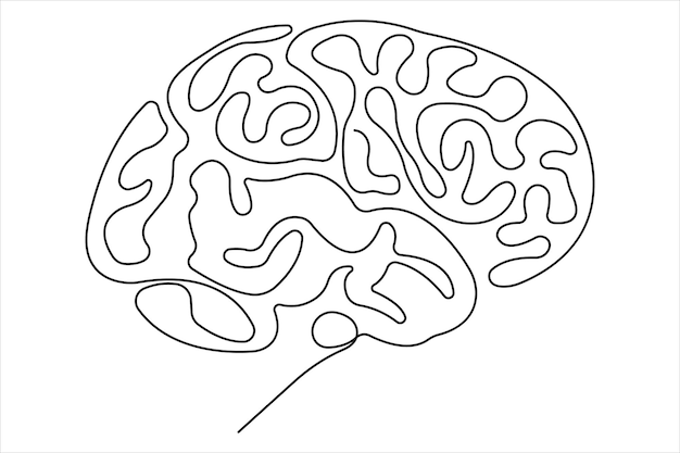 El cerebro humano es un dibujo continuo de una línea de ilustración vectorial de arte y concepto de esquema de inteligencia