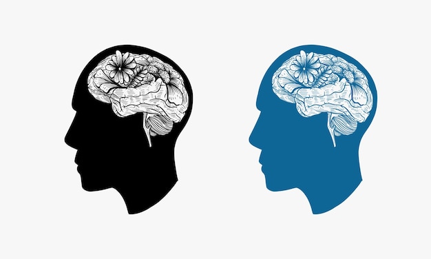 Cerebro humano con flor Ilustración dibujada a mano Vector de ilustración de terapia mental