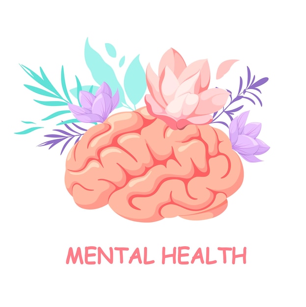 Vector cerebro humano con flores sobre un fondo blanco. salud mental. diseño de dibujos animados.