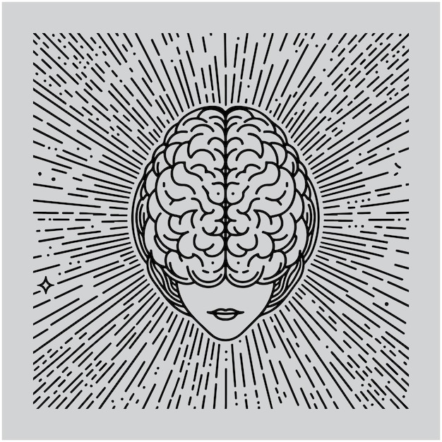 Vector cerebro humano rodeado de rayos línea vectorial icono vectorial ilustración