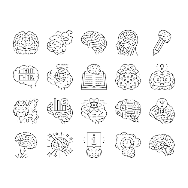cerebro, mente humana, cabeza, idea, iconos, conjunto, vector