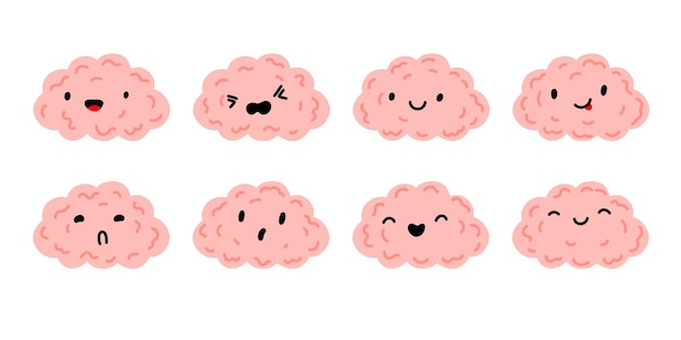 Cerebro personaje dibujado a mano dibujado dibujos animados cerebro lindo con cara Doodle tristeza feliz deprimido