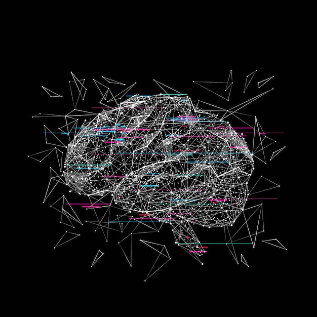 Vector cerebro polivinílico bajo línea de puré abstracto y origami de punto sobre fondo negro con una inscripción