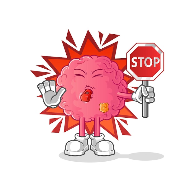 Cerebro con señal de stop. vector de mascota de dibujos animados