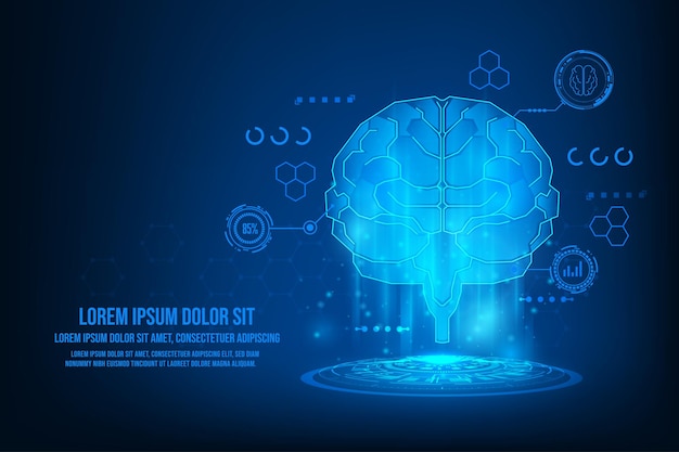 Cerebro vectorial con gráfico de tecnología de atención médica de la interfaz de exploración de resonancia magnética holograma cerebro humen