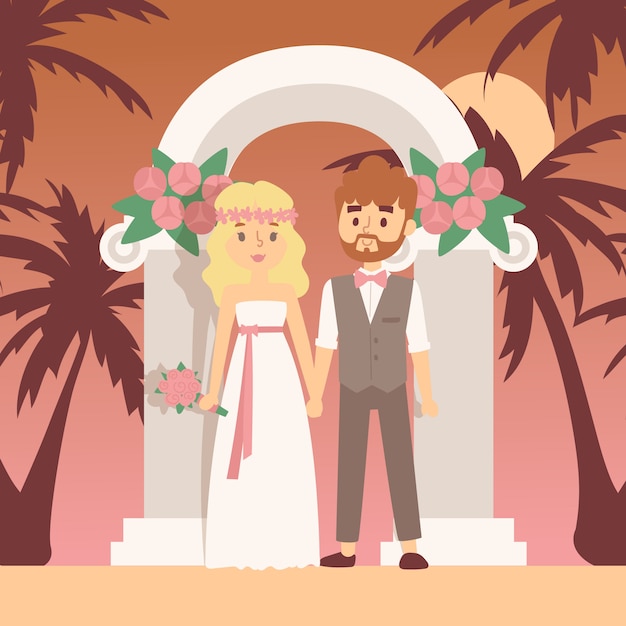 Vector ceremonia de boda en la isla tropical, ilustración. viaje romántico para pareja de recién casados. novios de pie bajo el arco de la boda en la playa con palmeras