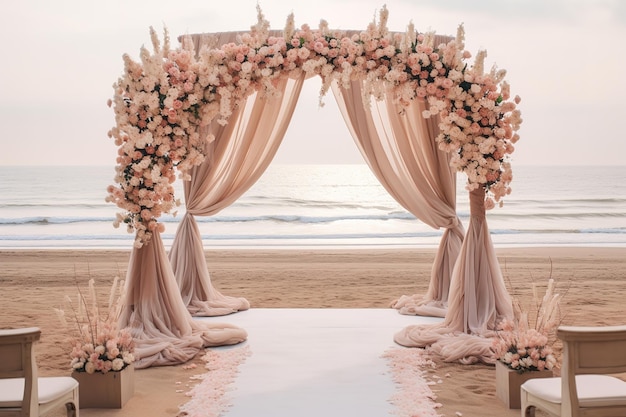 Vector una ceremonia de boda en una playa con un arco rosa y blanco