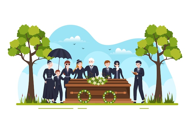 Ceremonia fúnebre en la tumba de personas tristes vestidas de negro de pie en una ilustración plana