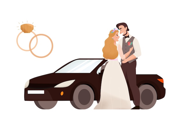 Ceremonia de matrimonio composición del día de la boda con personajes de novio y novia con anillos e ilustración de vector de coche cabrio