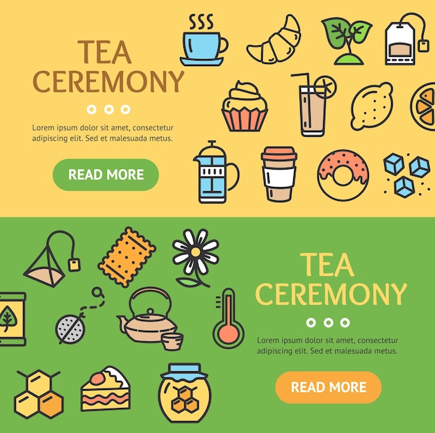 ceremonia del té, bandera, conjunto horizontal, vector