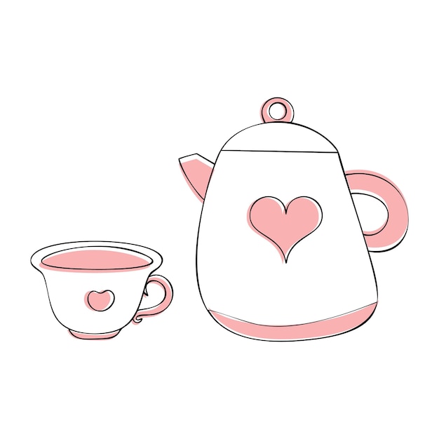 Ceremonia del té de fideos. Tetera dibujada a mano y taza con corazón. beber té.