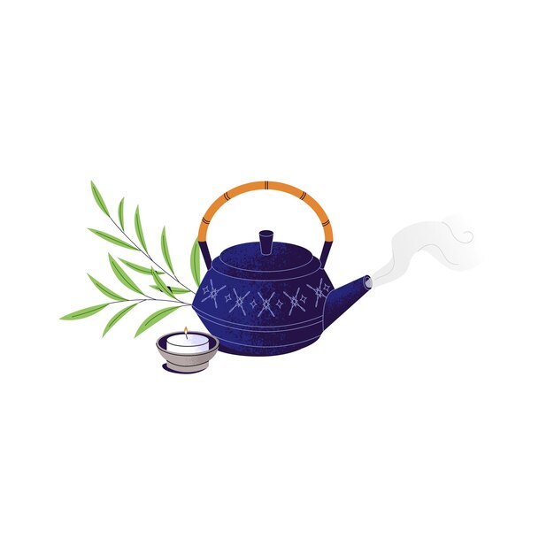 Ceremonia tradicional del té Tejera de cerámica Tejera china de agua hirviendo Cultura asiática de preparación de bebidas a base de hierbas Caldera de cerámica de vela de ramita verde oolong Ilustración de vector aislado plano en blanco