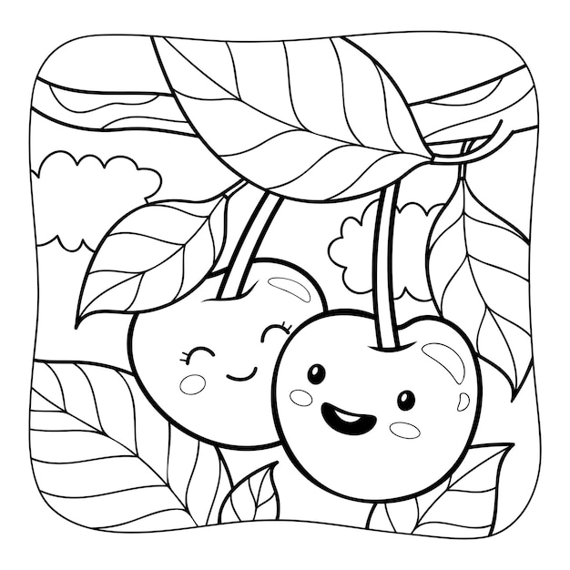 Cereza en blanco y negro Libro para colorear o página para colorear para niños Fondo de la naturaleza