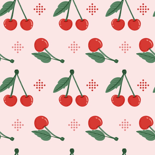 Cereza de patrones sin fisuras Cereza en estilo de dibujos animados telón de fondo repetido Fruta entera y mitad cortada