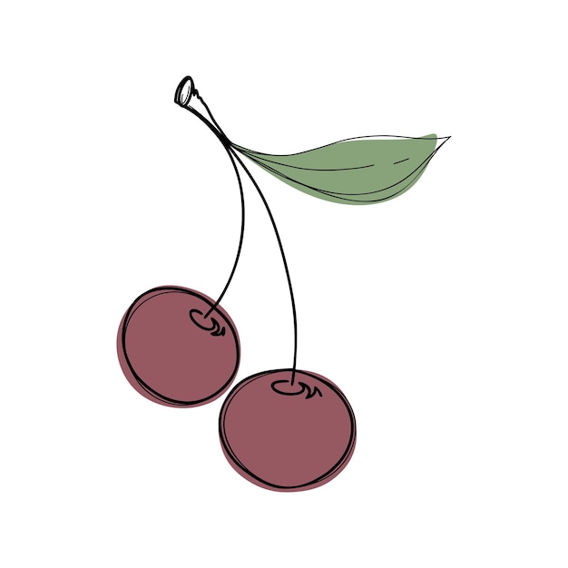 Cereza en una ramita con hojas Ilustración de una baya madura dibujada a mano aislada en un fondo blanco