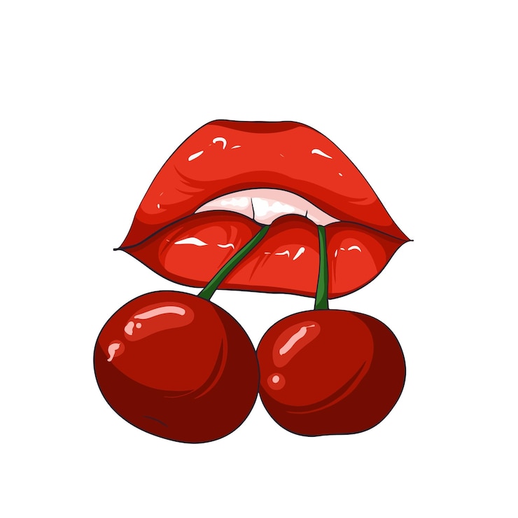 Vector cereza roja en los labios con un fondo blanco arte de ilustración vectorial