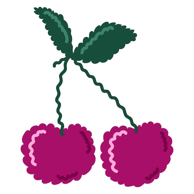 Cerezas dulces aisladas sobre fondo blanco Dibujado a mano fruta de baya de verano orgánica fresca Diseño de dibujos animados lindo simple Ilustración vectorial