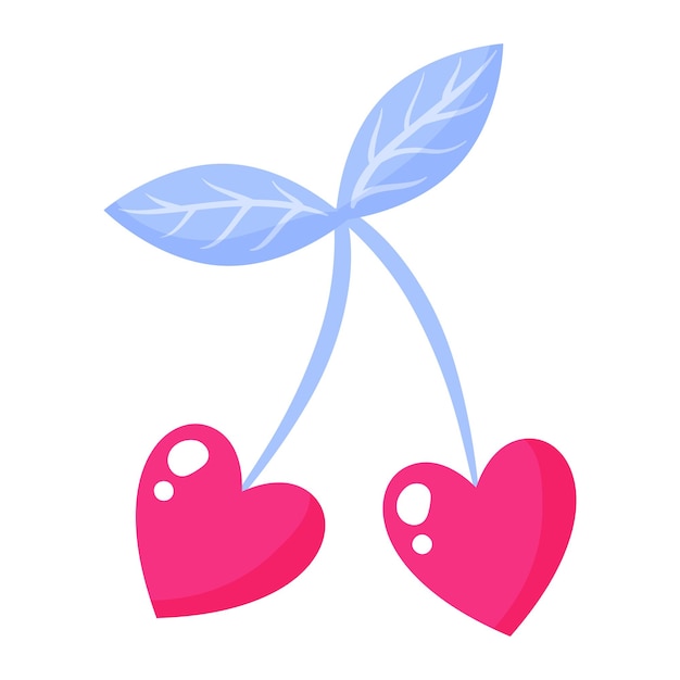 Cerezas en forma de corazón. Concepto de boda y día de San Valentín. Ilustración aislada de dibujos animados de vector.