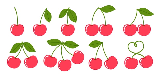 Cerezo de dibujos animados cerezas rojas bayas maduras lindas con hojas verdes en diferentes lados frutas de verano decoración de alimentos naturales de temporada de primavera bayas de jardín conjunto vectorial