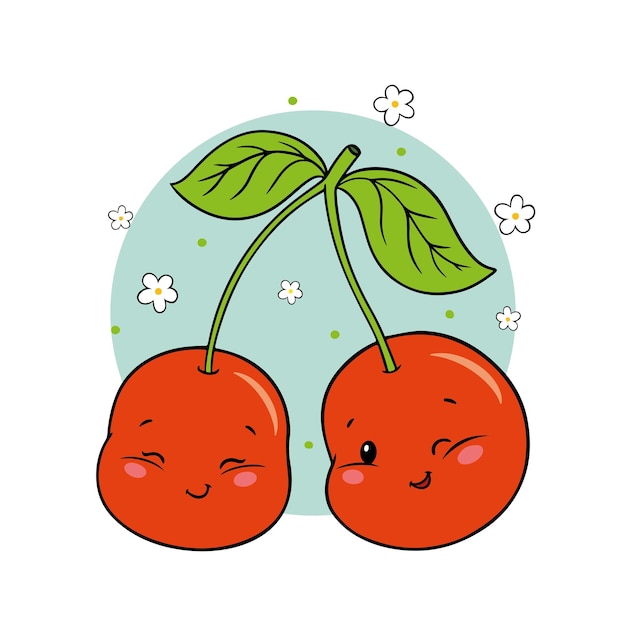 Cerezo rojo lindo con caras sonrientes en el estilo de dibujos animados ilustración vectorial aislada