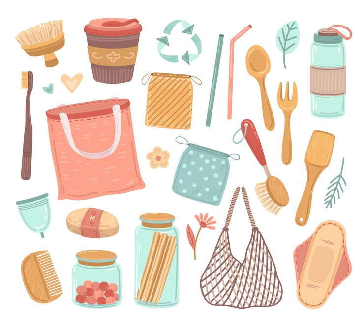 Vector cero desperdicio. objetos reutilizables, ecología de la vida y reducción de residuos plásticos. reciclar vidrio, bolsa de compras, ilustración de vector de cubiertos de botella bio. paja y elementos ecológicos y ecológicos
