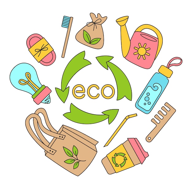 Cero residuos duradero doodle eco ilustración reciclar ecología protección ir estilo de vida verde sin plástico