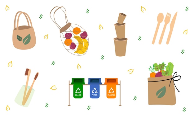 Cero residuos Varios objetos ecológicos Conjunto de vectores de color grande dibujado a mano Cero elementos de reciclaje de residuos