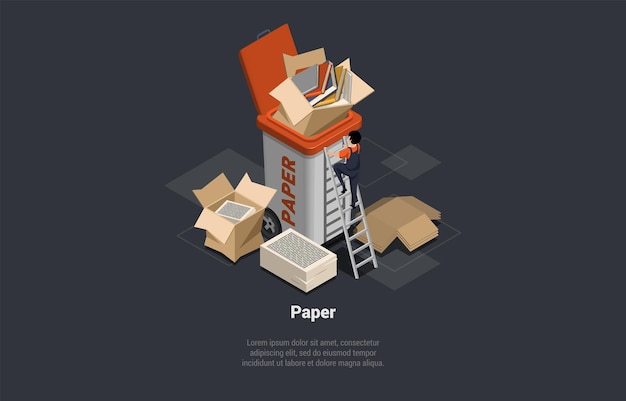 Cero reutilización de residuos ecofriendly segregación y reciclaje proceso de basura recolección de personajes y tirar residuos de papel en contenedor reciclaje de basura de cartón isométrico 3d vector ilustración