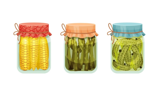 Cerrado con tapa de vidrio con conservas de maíz y espárragos Vector Set