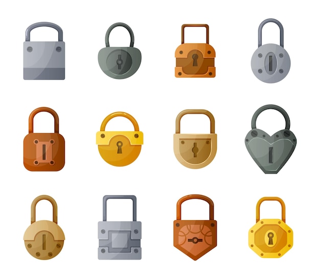 Cerradura de dibujos animados Candado de metal dorado y plateado vintage o moderno Cifrado de datos y concepto de seguridad Mecanismo de enclavamiento de hierro aislado con cerraduras Guardianes de la privacidad de la casa vectorial