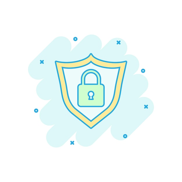Cerradura de dibujos animados vectorial con icono de seguridad de escudo en estilo cómico Pictograma de ilustración de protección Concepto de efecto de salpicaduras de negocios de escudo