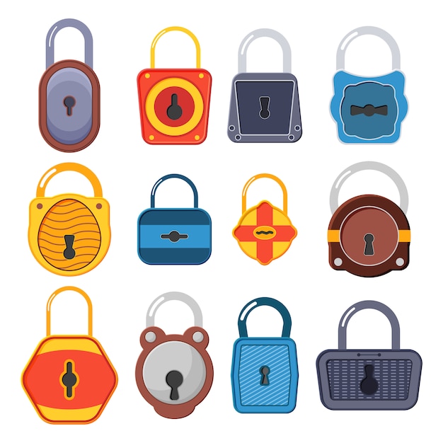 Cerradura de oro abierta, desbloqueada y bloqueada para protección y seguridad. Cerraduras abiertas y cerradas. Una colección de candados dorados de diferentes formas y condiciones. Ilustración de estilo plano