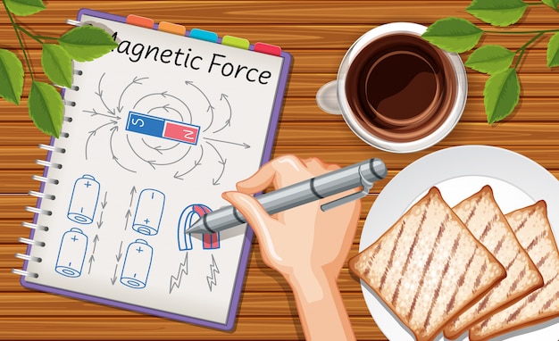 Vector cerrar la mano escribiendo fuerza magnética en el cuaderno con merienda y café en el fondo del escritorio