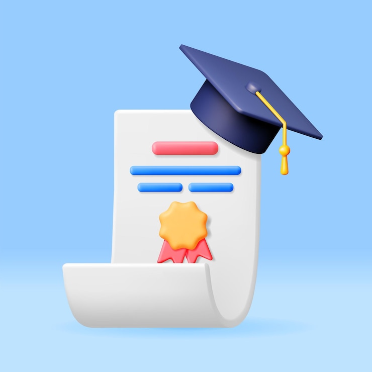 Vector certificado 3d con sello y gorra de graduación