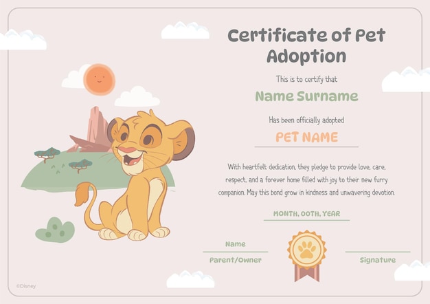 El certificado de adopción de la mascota del Rey León